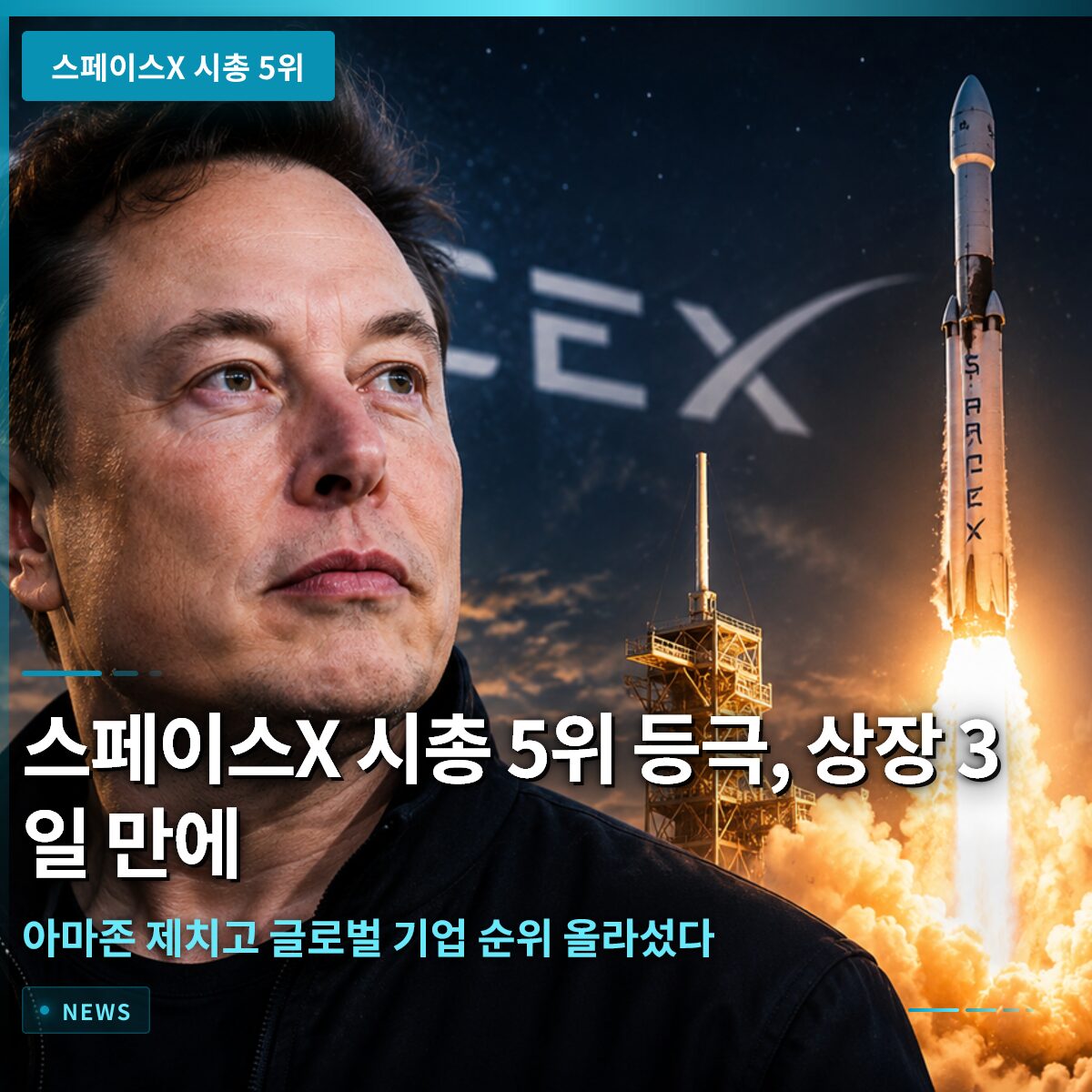 스페이스X 시총 5위 등극, 상장 3일 만에 아마존 제치고 글로벌 기업 순위 올라섰다