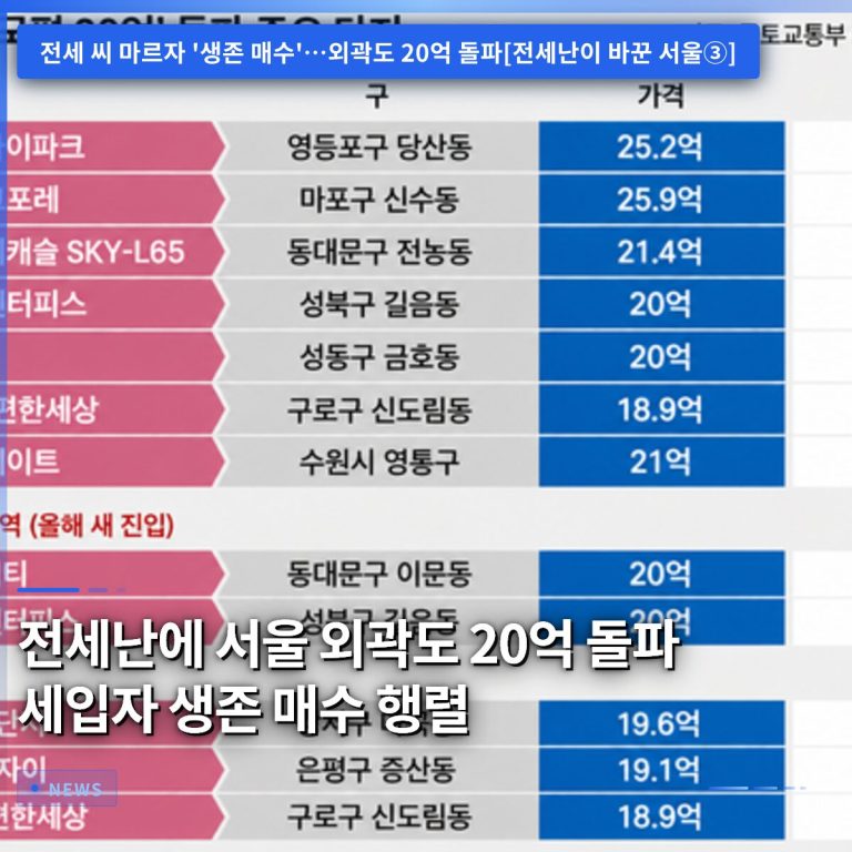 전세난에 서울 외곽도 20억 돌파 세입자 생존 매수 행렬