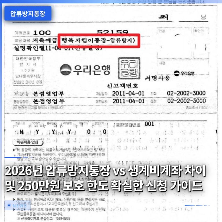 2026년 압류방지통장 vs 생계비계좌 차이 및 250만원 보호 한도 확실한 신청 가이드